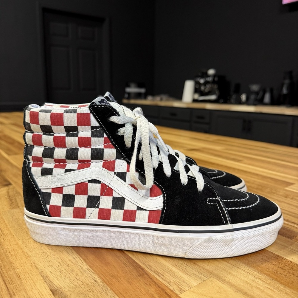 Vans Sk8-HI Checkered Black/Red Suede Skate Sneakers Shoes Men Size 7 Women 8.5
